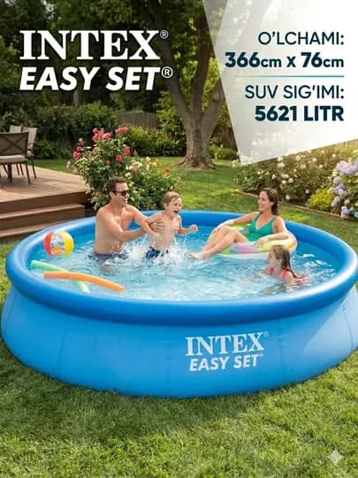 Надувной бассейн Intex Easy Set, 366 × 76 см, объём 5621 литр, надувной бассейн