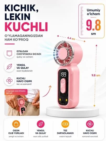 Qo'l mini ventilyatori, USB, portativli, ixcham model-DF-97 — EAGLORD-DF97-РОЗОВ
