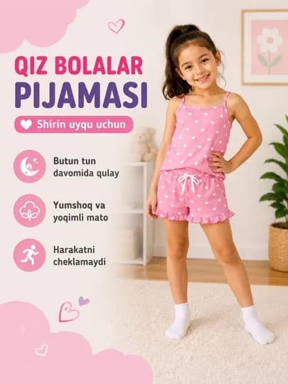Детская пижама для девочек, мягкий ХБ хлопок, 4–9 лет — BASHA1-PIJAMAQIZLAR3XILRANG-РОЗОВ-5 лет