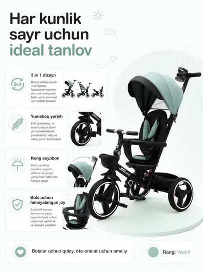Детский трехколесный велосипед BolaDrive, с родительской ручкой и козырьком — BOLADR-KIDS-БИРЮЗ
