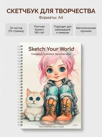 Скетчбук для рисования, блокнот для рисования A4 и A5, 160 г/м², 35 листов, на пружине — VLR-SKCHGIRL-СЕРЕБРН-SKCHGA4