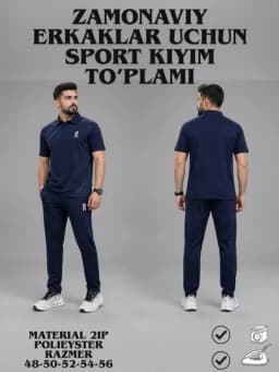 Мужской спортивный комплект – поло и штаны (2-х ниточный полиэстер) — GWAY-ZAMONAVIYSPORTKIYIMERKAKLARUCHUN-СИНИЙ-54