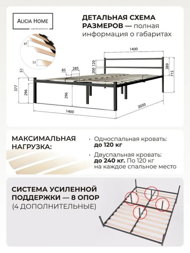 Кровать 140x200 двуспальная металлическая ортопедическая