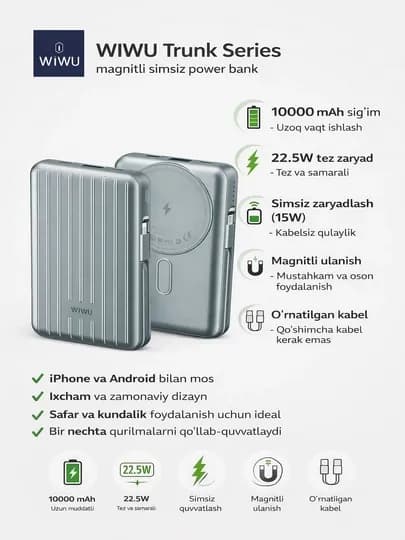 Магнитный беспроводной power bank WIWU Trunk Series