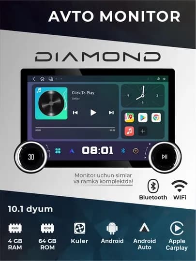 Авто монитор Tesla, Diamond X80 2K, 10.1 дюйма 4+64 ГБ, WiFi кулер, с рамкой и кабелями